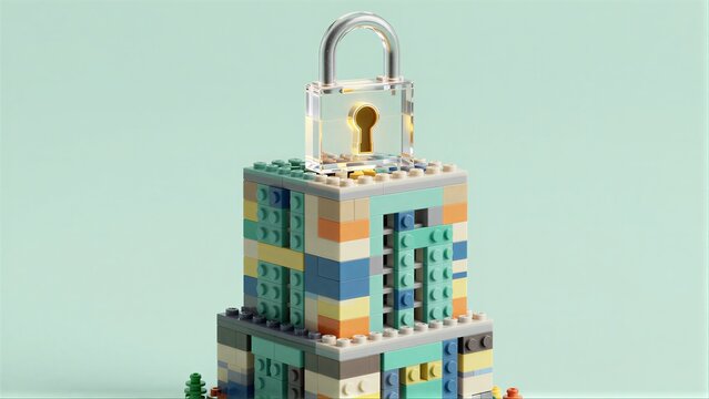 Colorful LEGO tower topped with a transparent padlock, symbolizing security.