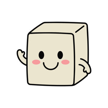 Cute cartoon tofu character waving, kawaii food mascot vector illustration