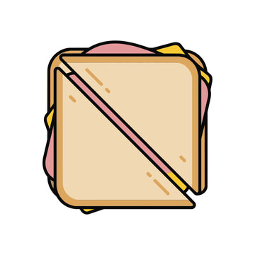 Flat design vector icon of a ham and cheese sandwich cut in half