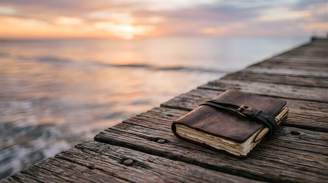 Leather journal resting on a wooden pier during a scenic golden sunset