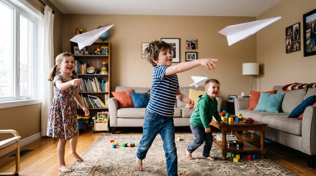 Three happy children playing with paper airplanes indoors in a living room