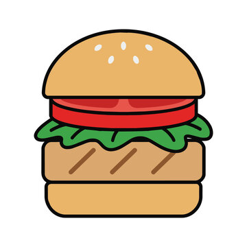 Cartoon vector illustration of a hamburger with lettuce, tomato, and sesame seeds