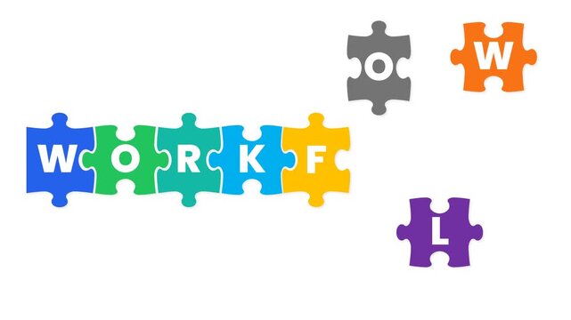 Colorful Puzzle Pieces Form Workflow Word Animation