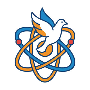 Vector icon of a white dove and an atomic symbol representing peace and science