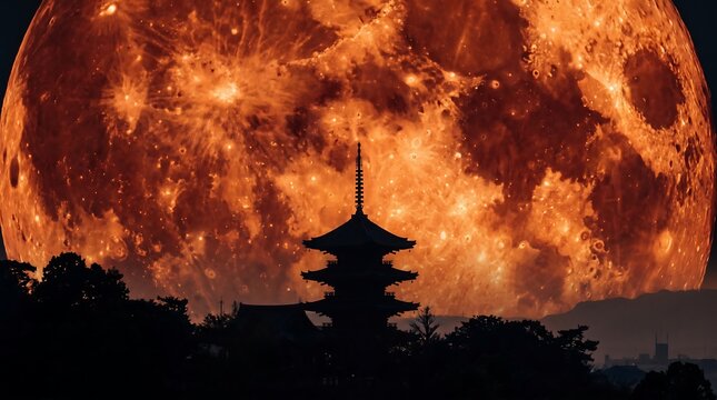 Silhouette of Pagoda Against Dramatic Supermoon Backdrop