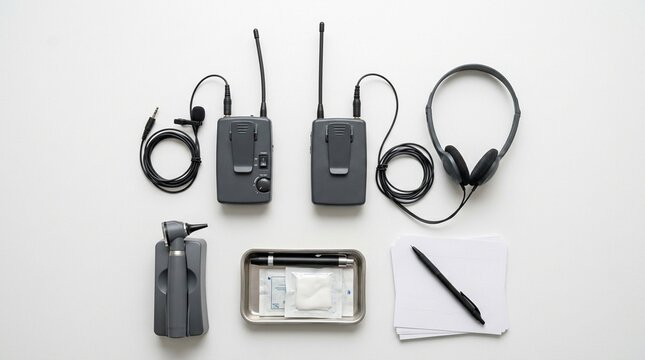 FM Listening System Transmitter and Receiver Set Arranged on a Hospital Audiology Department Desk - Hospital Accessibility Stock Photo