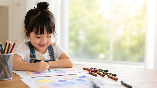 Cheerful young asian girl sitting at a wooden table smiling and drawing on paper with colorful crayons in a bright living room.