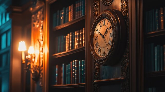 A classic room featuring a grand clock and full bookshelves