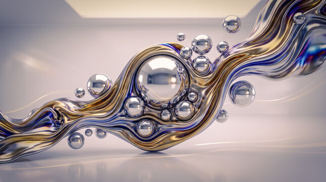 A futuristic fluid metallic sculpture featuring glossy chrome spheres floating alongside a flowing stream of liquid gold and silver inside a bright minimal studio setting