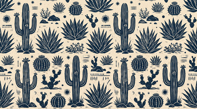 A charming seamless repeating pattern of linocut style dark navy desert cacti agave plants suns and stars stamped across a cream textured paper backdrop