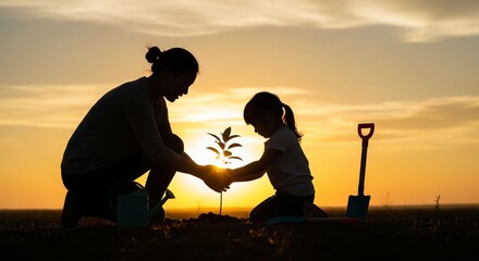 Fototapeta premium Silhouette of mother and child planting a seed at golden hour under sunset sky