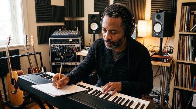 Musician composing music in a home studio with keyboards guitars and audio equipment