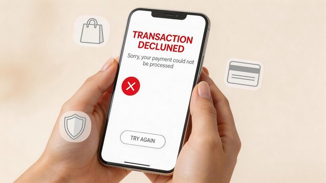 Hands holding phone with transaction declined message