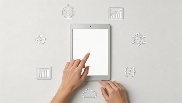 Hand using tablet with icons