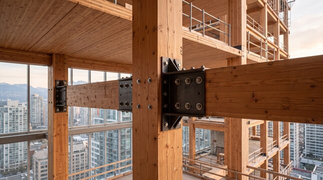 Mass Timber Construction Building Frame with Cityscape Background