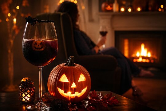 Halloween background, cozy autumn evening with a glowing pumpkin halloween jack-o'-lantern, a glass of red wine, a warm fireplace and a person relaxing in the background, generative AI