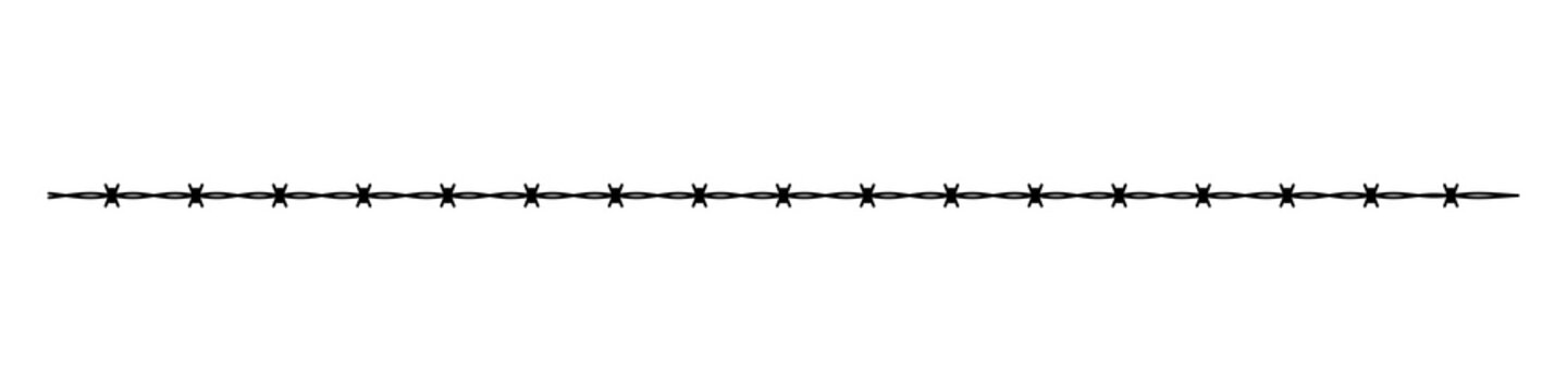 Hand drawn barbed wire border with continuous line art. Minimal black outline seamless divider for security themes, posters, branding, stickers, and graphic design.