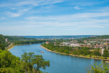 Fototapeta premium Scenic river valley panoramic view with cruise ships and green hills