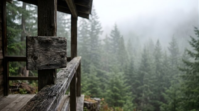 Wooden porch overlooking a foggy mountain forest in the Pacific Northwest