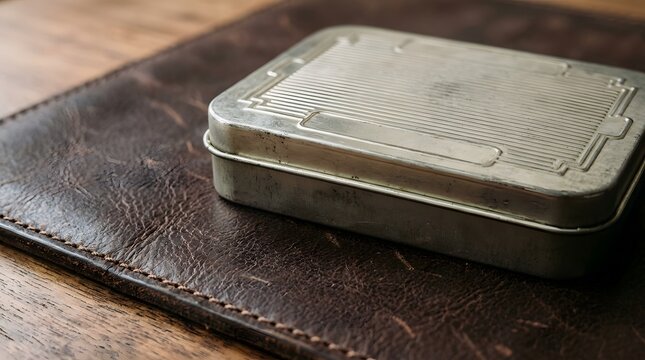 A vintage metallic tin box resting on a dark brown leather surface with a wooden background.