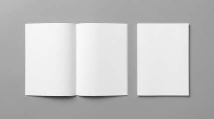 Fototapeta premium Open and closed blank brochures on grey background, top view. Mock up for design