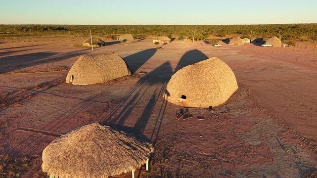 Aerial view of traditional houses in Katyalarekwa village, an Indigenous reserve of the Haliti Pares&iacute; people in Tangar&aacute; da Serra, Mato Grosso, Brazil