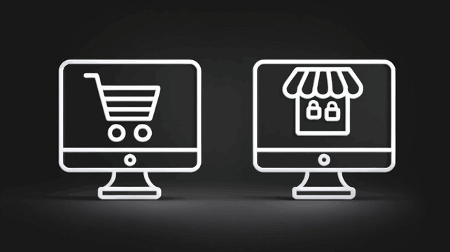 E-commerce Online Shopping Concept with Digital Storefront and Shopping Cart Icons on Computer Monitors