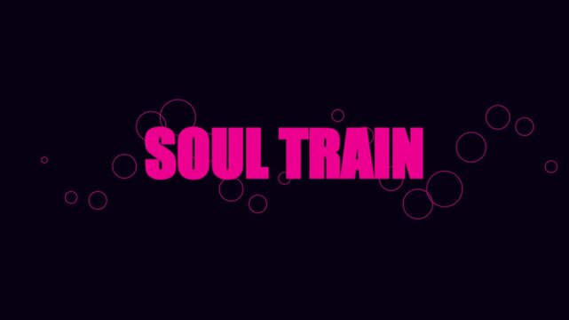 Soul train neon typography motion with floating circles on dark animation 4k background, motion text animation