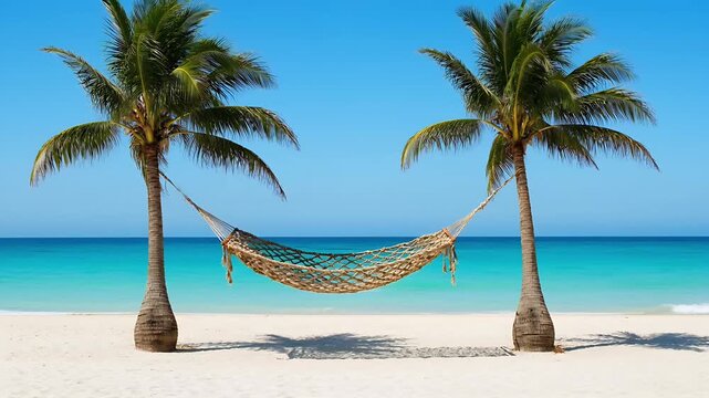 A tranquil beach scene with two palm trees and a hammock swaying gently in the tropical breeze, overlooking crystal clear turquoise water and a white sandy shore