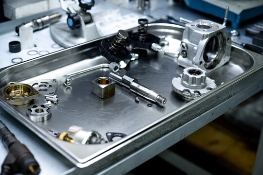 Disassembled high pressure diesel fuel pump internal components and parts layout on metal tray side view in workshop