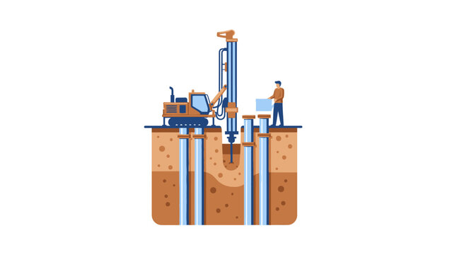 Construction Drilling Rig and Worker Installing Foundation Piles Vector Illustration