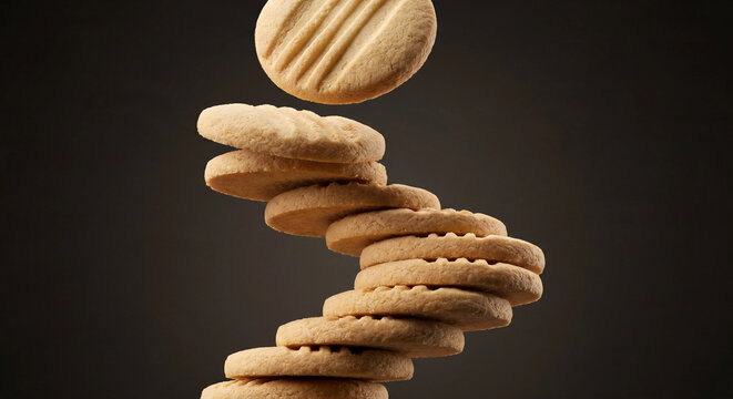 Stack of Round Biscuits with Textured Pattern Falling Down