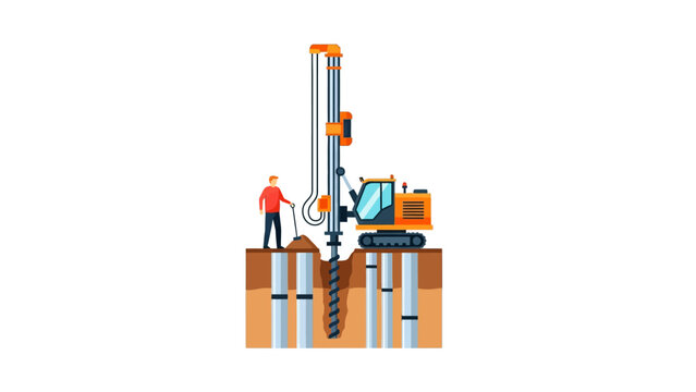 Vector illustration of a drilling rig installing foundation piles on a construction site with a worker.
