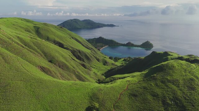 4K Aerial Drone Sunrise Over Gili Lawa, Komodo National Park, Indonesia