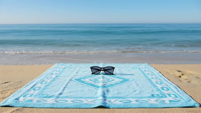 Sunglasses resting on a colorful beach towel placed on the sand, with the calm ocean and clear blue sky in the background