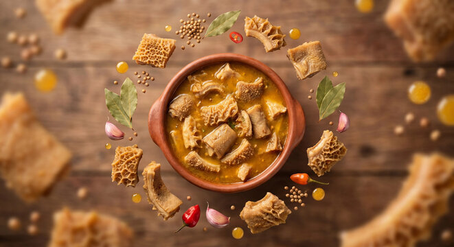 Hearty Tripe Stew in Clay Pot with Ingredients Scattered Around