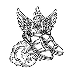 Fototapeta premium Hermes winged sandals flying over clouds woodcut art.