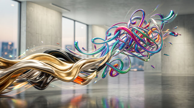 A vibrant explosion of metallic ribbons and tangled colorful tubes floats dynamically inside a modern concrete room with large windows overlooking a city skyline at dusk