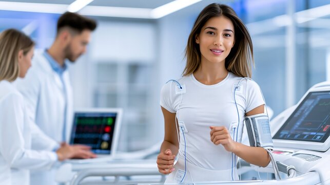 Adult patient performing treadmill cardiac stress test in clinic
