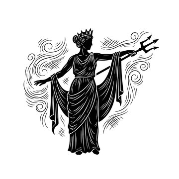 Female deity silhouette holding a trident amidst swirling wind.