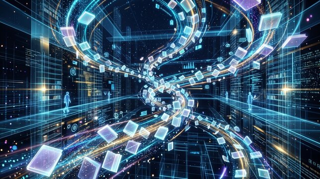 Generative AI futuristic digital library concept, glowing holographic books flying in spiral data streams within a virtual cyberspace matrix, abstract education technology background