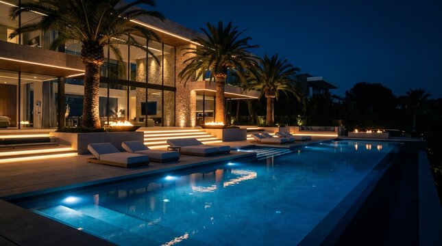 Mediterranean style luxury pool with stone deck and pergola