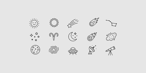 Icon set collection of space, astronomy, and astrology symbols including sun, moon, stars, planets, and space exploration equipment. © Raka Firdaus 