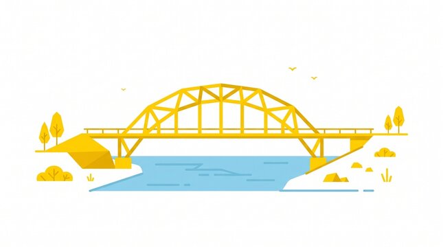 Minimalist flat illustration of a yellow arched truss bridge over a blue river with geometric trees and birds on a white background, architecture, ico