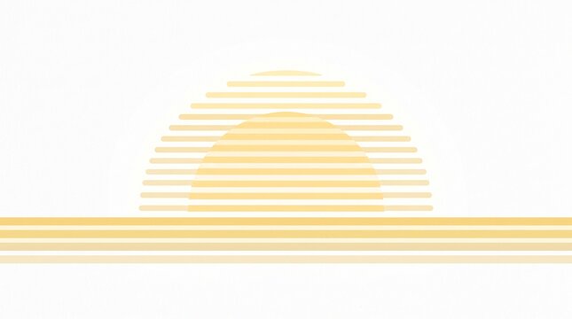 A minimalist graphic illustration of a semicircular sunrise composed of various horizontal yellow and orange lines on a white background, sun, logo.