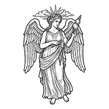 Winged goddess holding spindle in vintage woodcut style.