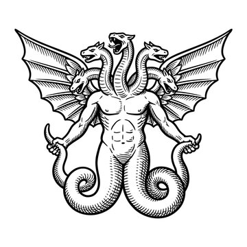 Multi headed winged monster with snake like lower body.