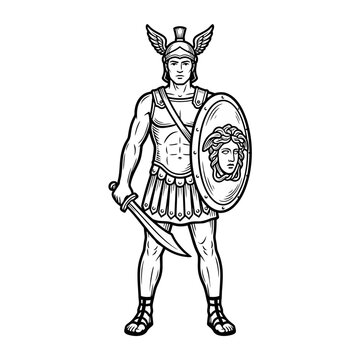 Perseus holding medusa head shield and curved sword.