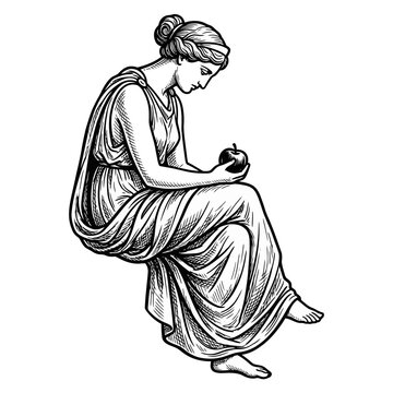 Seated Greek woman with apple classical line art