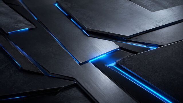 Surface m&eacute;tallique futuriste aux lignes bleu &eacute;lectrique